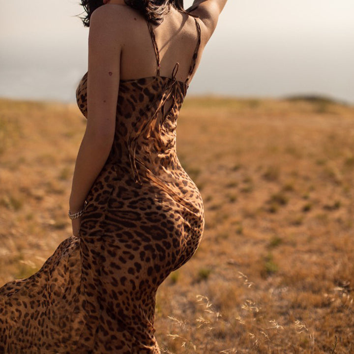 Vestido de noche con estampado de leopardo y espalda expuesta con tirantes para mujer