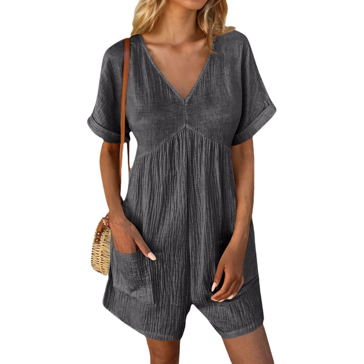 European And American Fashion Solid Color And V-neck Loose Bat Sleeve Pocket Zipper Short Sleeve Jumpsuit