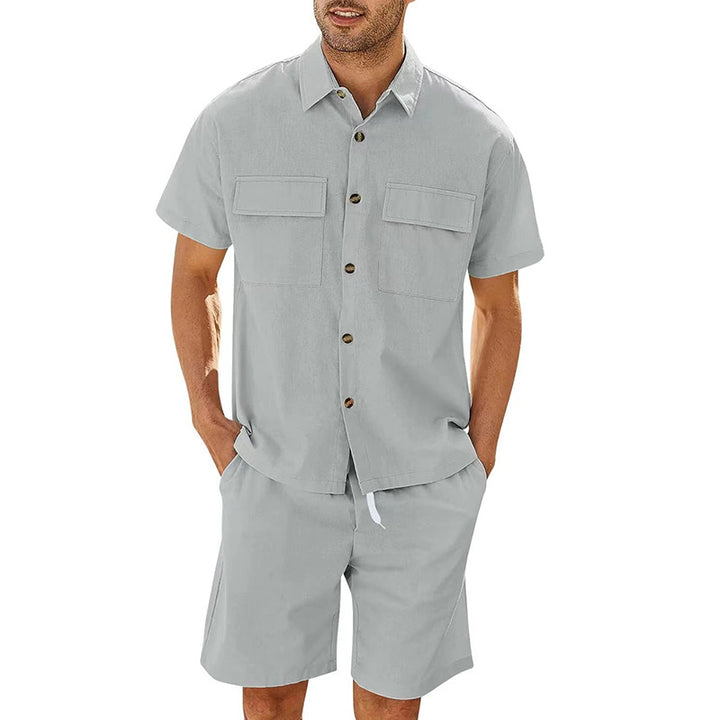 Trajes de verano para hombre, camisa de manga corta con bolsillos de solapa y pantalones cortos con cordón, moda deportiva, ropa de ocio para hombre