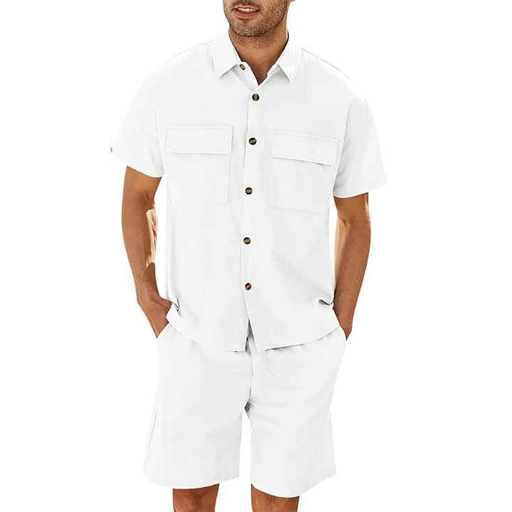 Trajes de verano para hombre, camisa de manga corta con bolsillos de solapa y pantalones cortos con cordón, moda deportiva, ropa de ocio para hombre