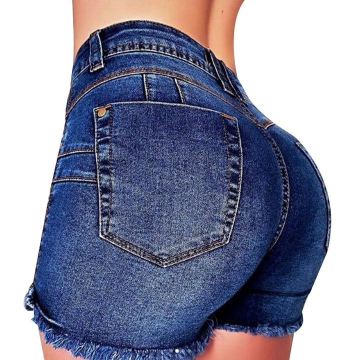 Dunkelblaue Hotpants mit hoher Taille und ausgefransten Kanten 