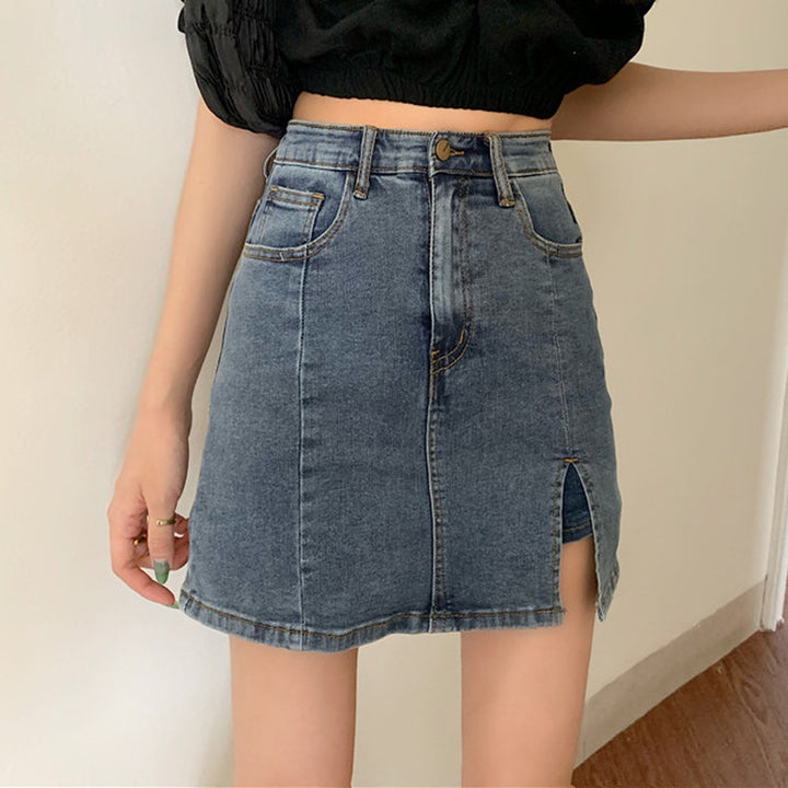 Half Skirt Women Summer New Korean Stretch Side Split Denim Shorts Skirt Casual Lining Hip Skirt