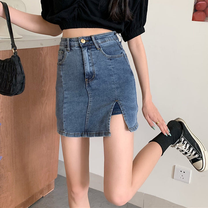 Half Skirt Women Summer New Korean Stretch Side Split Denim Shorts Skirt Casual Lining Hip Skirt