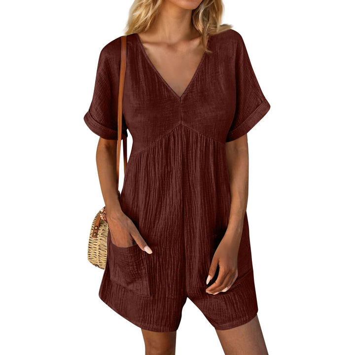 European And American Fashion Solid Color And V-neck Loose Bat Sleeve Pocket Zipper Short Sleeve Jumpsuit