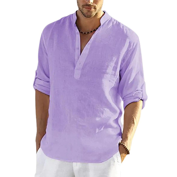 Camisa casual de manga larga de color sólido de lino y algodón para hombre con cuello suelto