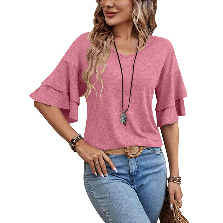 Women's Summer Solid Color And V-neck Loose T-shirt