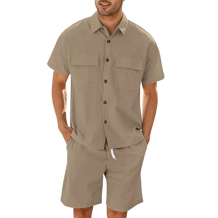 Trajes de verano para hombre, camisa de manga corta con bolsillos de solapa y pantalones cortos con cordón, moda deportiva, ropa de ocio para hombre