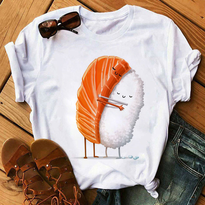 Camisetas de manga corta con abrazo de sushi lindo para mujer de verano