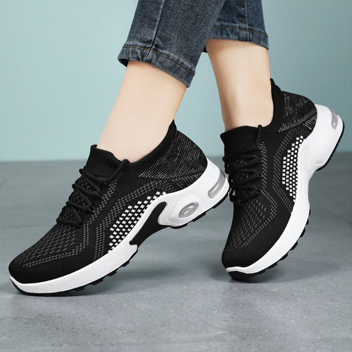 Zapatillas de deporte con cordones y cojín de aire para mujer, zapatos de malla informales transpirables tejidos voladores para verano