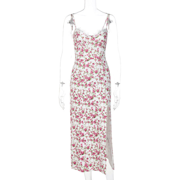 Vestido largo con estampado de flores de encaje, vestido Sexy con tirantes y abertura a la moda, ropa de verano para mujer