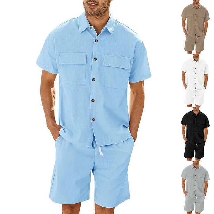 Trajes de verano para hombre, camisa de manga corta con bolsillos de solapa y pantalones cortos con cordón, moda deportiva, ropa de ocio para hombre