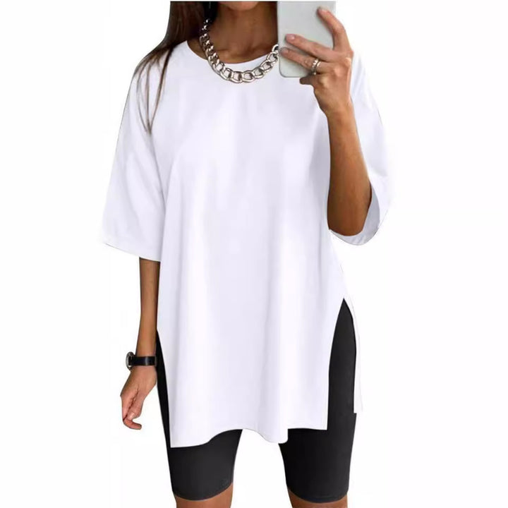 Women's Solid Color Split Short-sleeved T-shirt Round Neck Loose Top