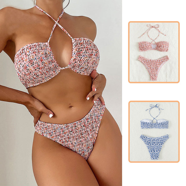 Sommer Blumen Druck Plissee Design Bikini Set Strand Mode Neckholder Badeanzug Damen Kleidung