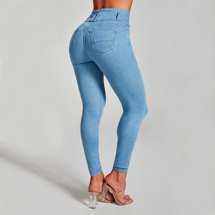 Damen Jeans mit hoher Taille, Skinny-Hose, enge, elastische Form- und Hüftlifting-Hose