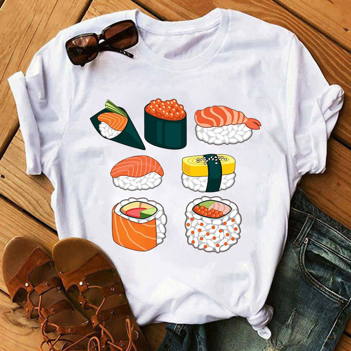 Camisetas de manga corta con abrazo de sushi lindo para mujer de verano