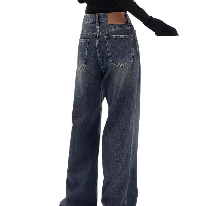 Retro Dunkelblaue Jeans mit weitem Bein und gerader Hose