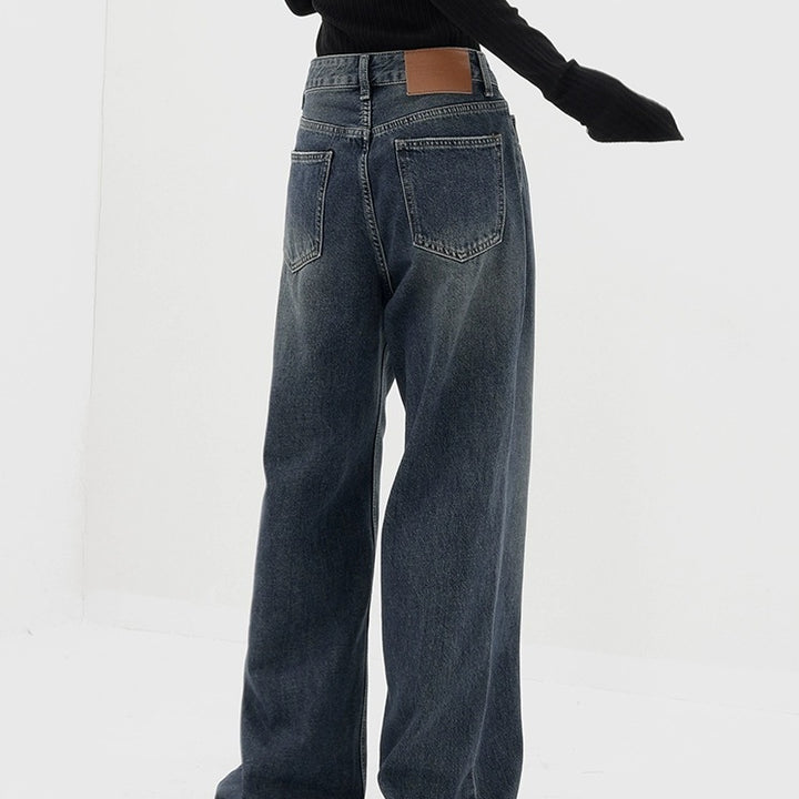 Retro Dunkelblaue Jeans mit weitem Bein und gerader Hose