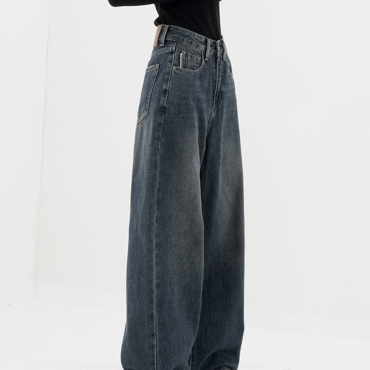 Retro Dunkelblaue Jeans mit weitem Bein und gerader Hose