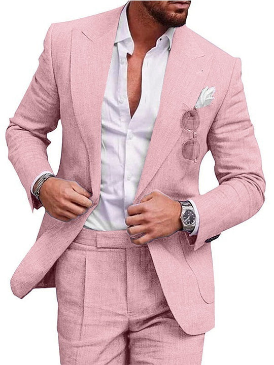 Conjunto de dos piezas de traje de color liso con un botón y una hilera grande para hombre