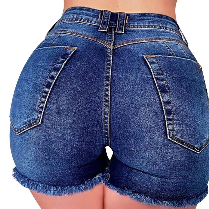 Dunkelblaue Hotpants mit hoher Taille und ausgefransten Kanten 