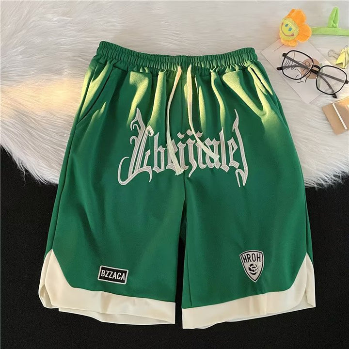 Letter Embroidered Drawstring American Basketball Shorts