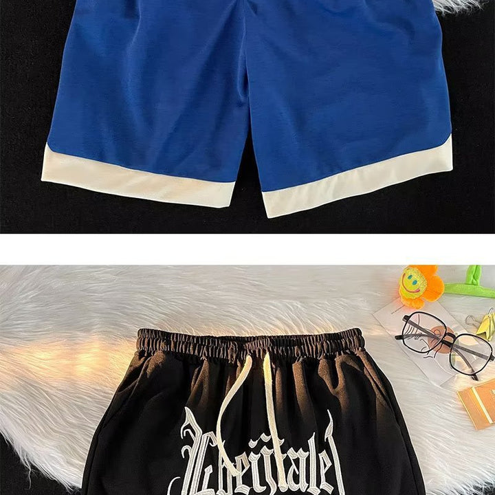 Letter Embroidered Drawstring American Basketball Shorts