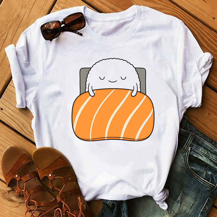 Camisetas de manga corta con abrazo de sushi lindo para mujer de verano