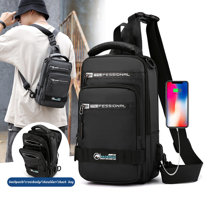 Multifunktionstaschen für Männer Nylon Rucksack Umhängetasche Umhängetasche mit USB-Ladeanschluss Brusttaschen Pack