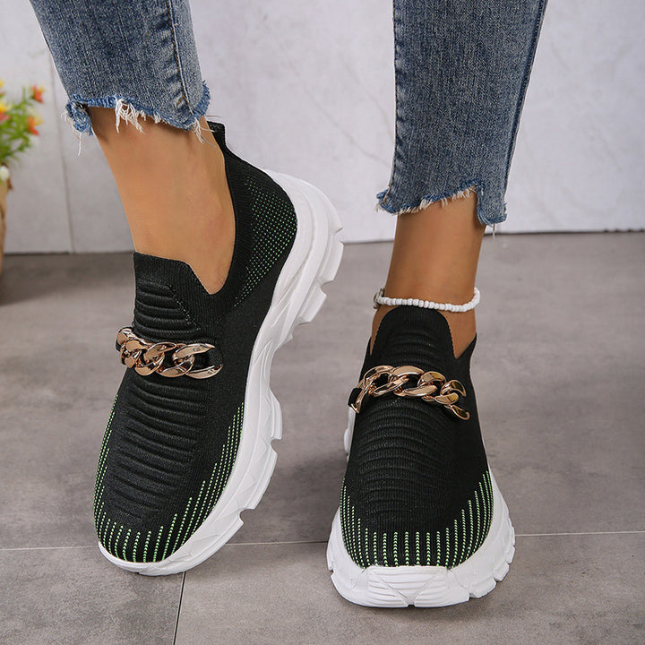 Zapatos de malla con diseño de cadena a la moda para mujer, calcetín para caminar con suela suave informal transpirable, zapatos planos sin cordones