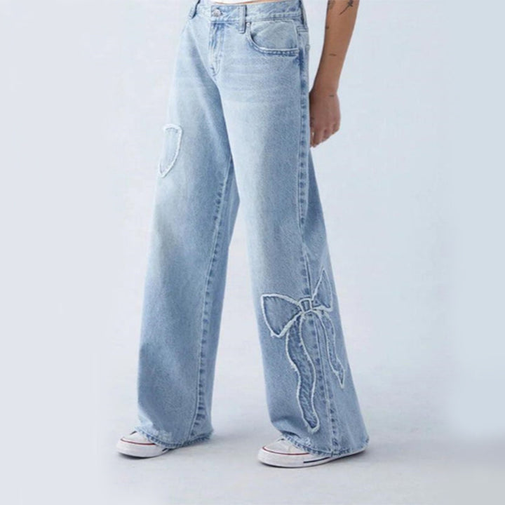 Pantalones rectos para mujer, vaqueros con mariposas deshilachadas laterales bordados, pantalones holgados con diseño callejero para chica caliente