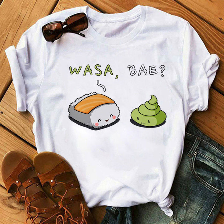 Camisetas de manga corta con abrazo de sushi lindo para mujer de verano