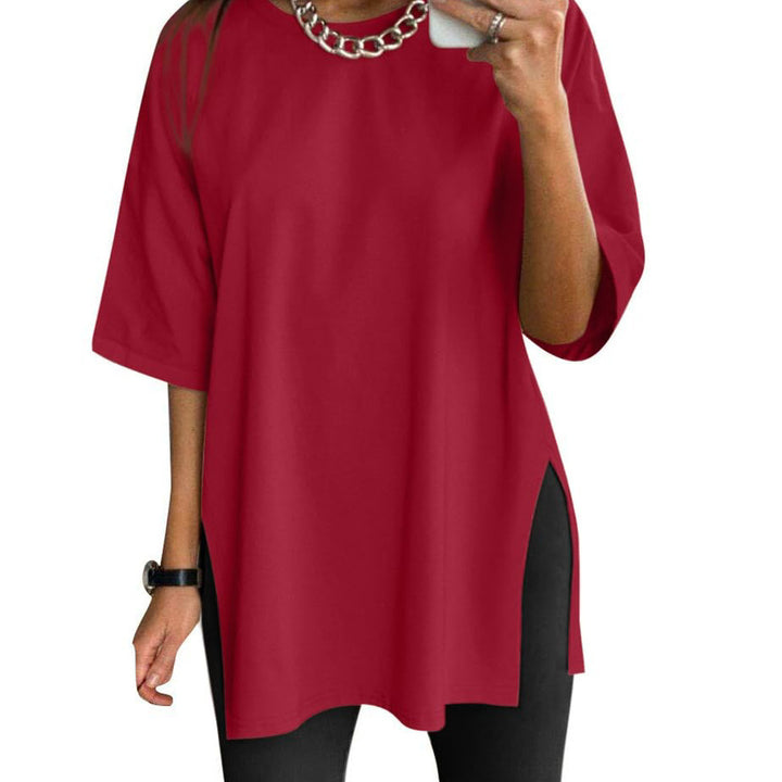 Women's Solid Color Split Short-sleeved T-shirt Round Neck Loose Top