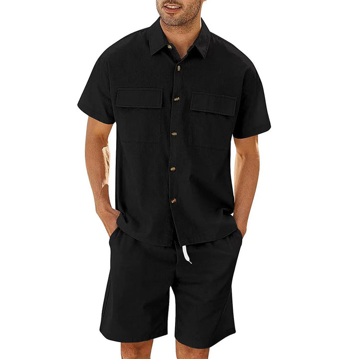 Trajes de verano para hombre, camisa de manga corta con bolsillos de solapa y pantalones cortos con cordón, moda deportiva, ropa de ocio para hombre