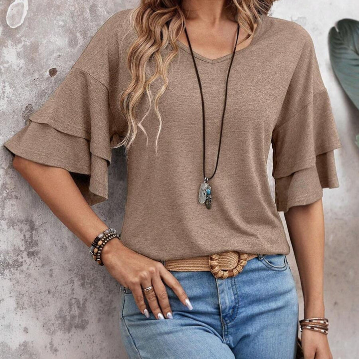 Women's Summer Solid Color And V-neck Loose T-shirt