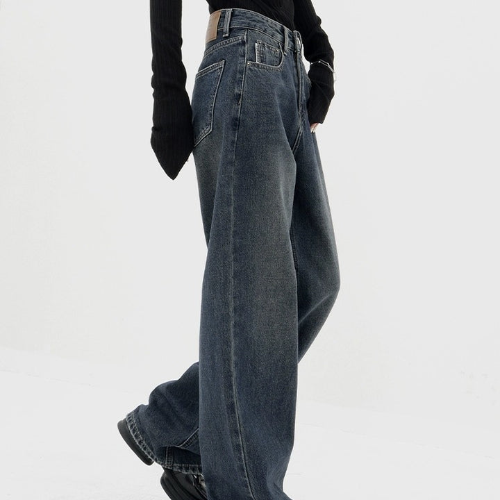 Retro Dunkelblaue Jeans mit weitem Bein und gerader Hose