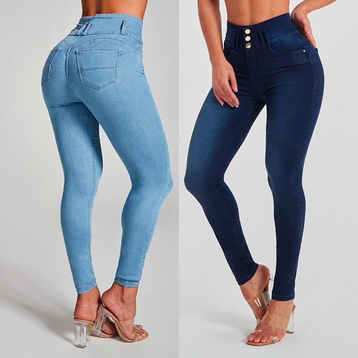 Damen Jeans mit hoher Taille, Skinny-Hose, enge, elastische Form- und Hüftlifting-Hose