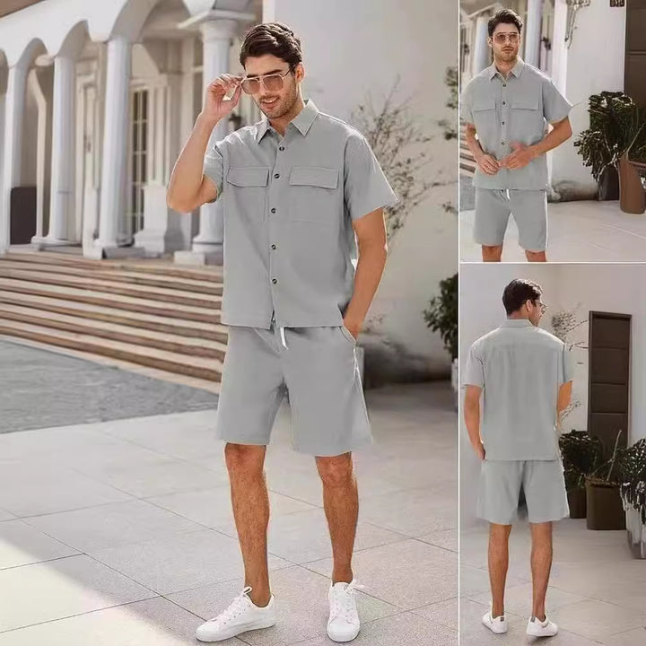 Trajes de verano para hombre, camisa de manga corta con bolsillos de solapa y pantalones cortos con cordón, moda deportiva, ropa de ocio para hombre