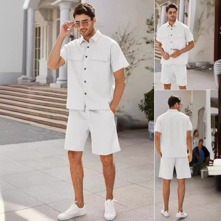 Trajes de verano para hombre, camisa de manga corta con bolsillos de solapa y pantalones cortos con cordón, moda deportiva, ropa de ocio para hombre