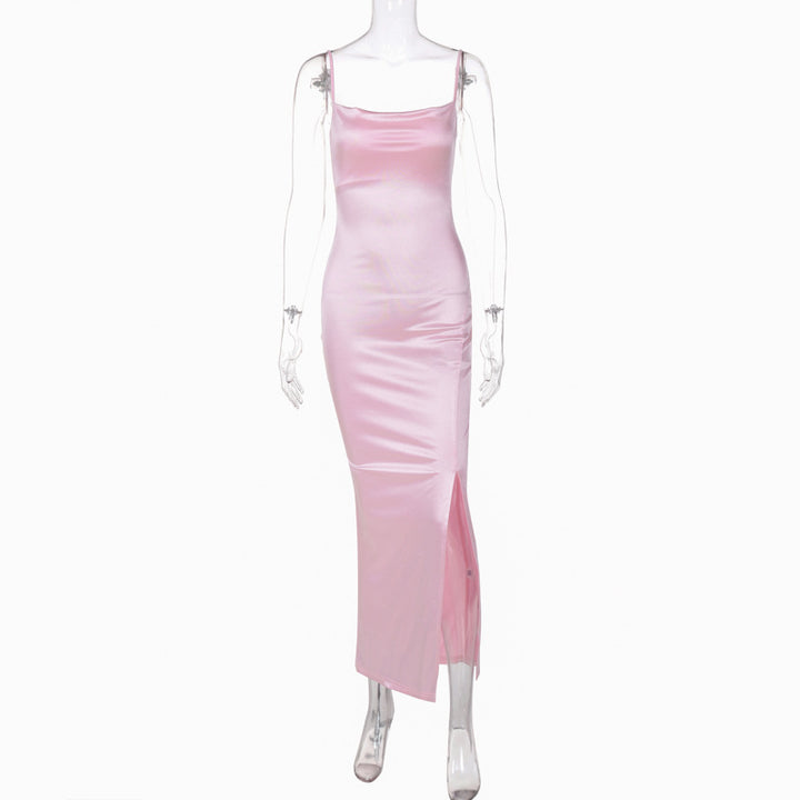 Einfarbiges Satin-Sling-Kleid mit mittlerem Schlitz für Damen