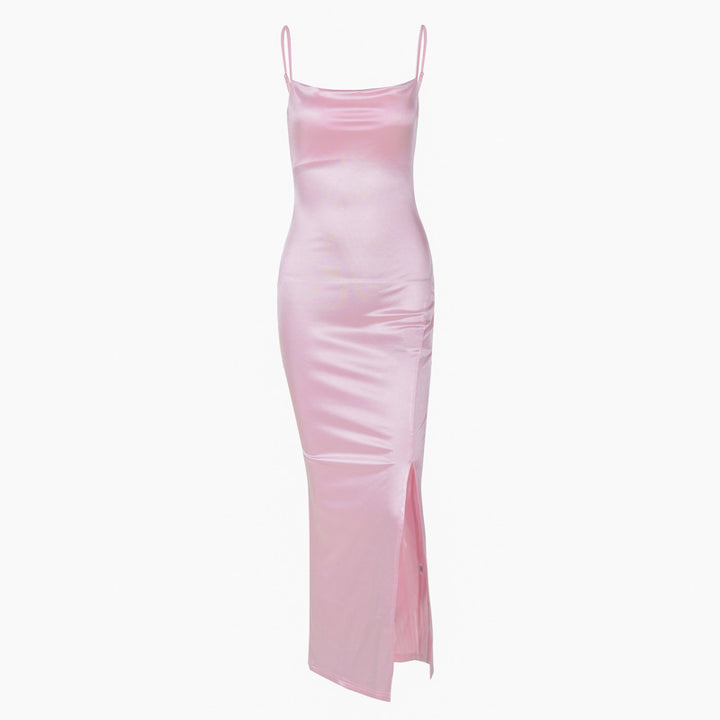 Einfarbiges Satin-Sling-Kleid mit mittlerem Schlitz für Damen