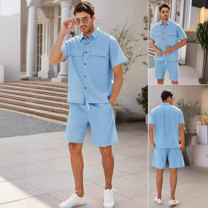 Trajes de verano para hombre, camisa de manga corta con bolsillos de solapa y pantalones cortos con cordón, moda deportiva, ropa de ocio para hombre