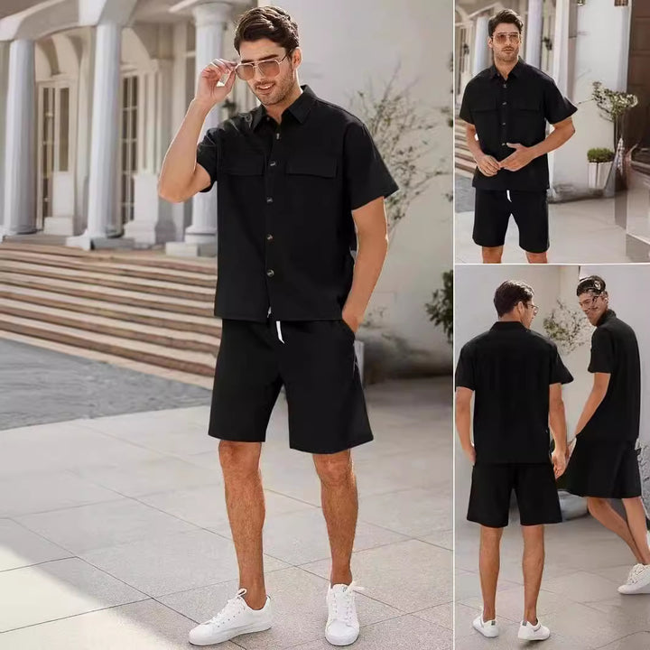 Trajes de verano para hombre, camisa de manga corta con bolsillos de solapa y pantalones cortos con cordón, moda deportiva, ropa de ocio para hombre