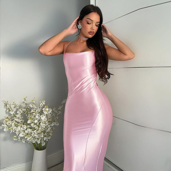 Einfarbiges Satin-Sling-Kleid mit mittlerem Schlitz für Damen