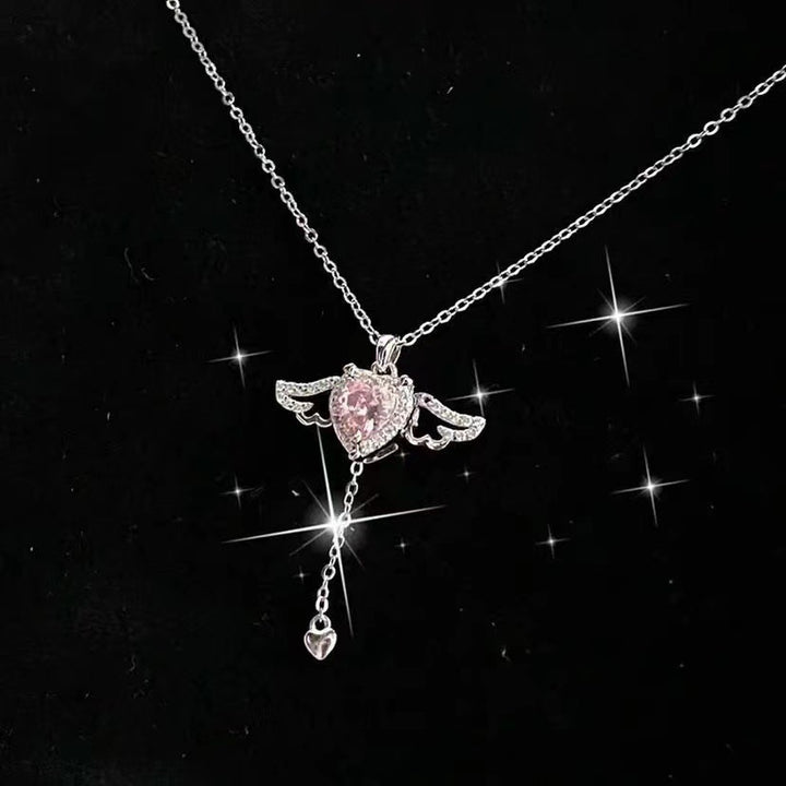 Halskette mit Quaste und beweglichem Amor-Herz und Engelsflügeln und Kristall-Schlüsselbeinkette für Damen, Schmuck, Geschenk zum Valentinstag