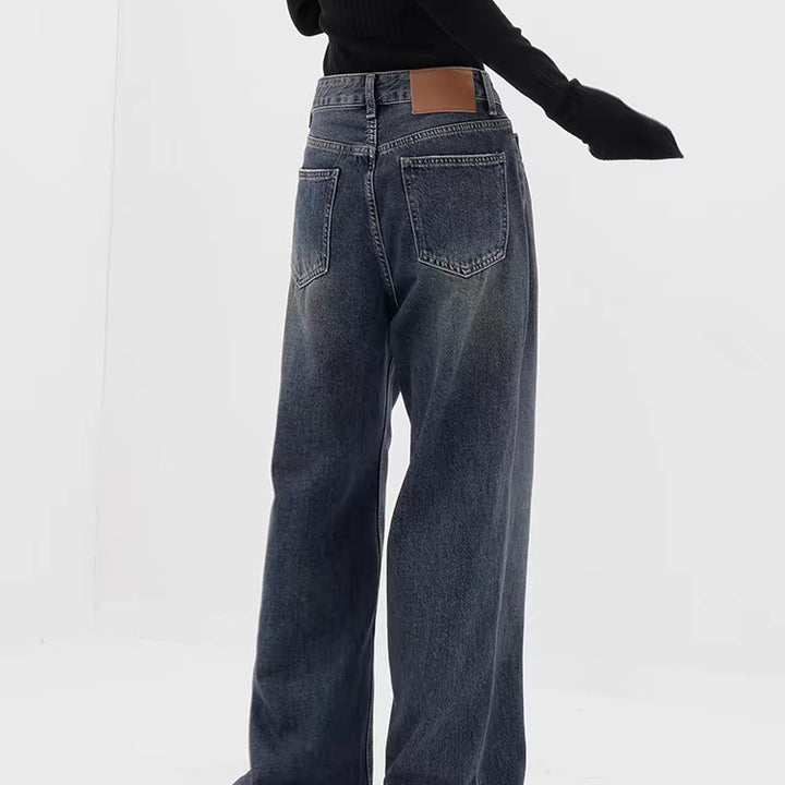 Retro Dunkelblaue Jeans mit weitem Bein und gerader Hose