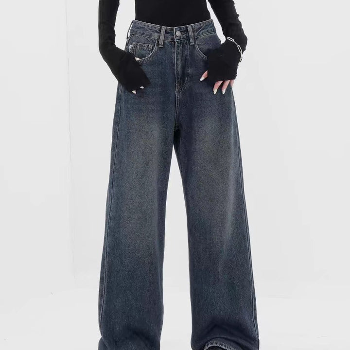 Retro Dunkelblaue Jeans mit weitem Bein und gerader Hose