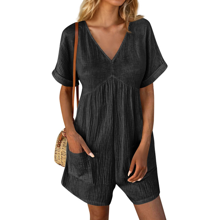 European And American Fashion Solid Color And V-neck Loose Bat Sleeve Pocket Zipper Short Sleeve Jumpsuit