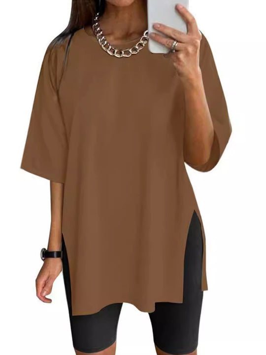 Women's Solid Color Split Short-sleeved T-shirt Round Neck Loose Top