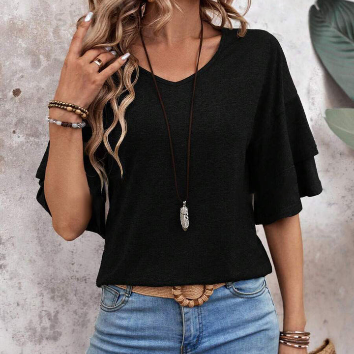 Women's Summer Solid Color And V-neck Loose T-shirt