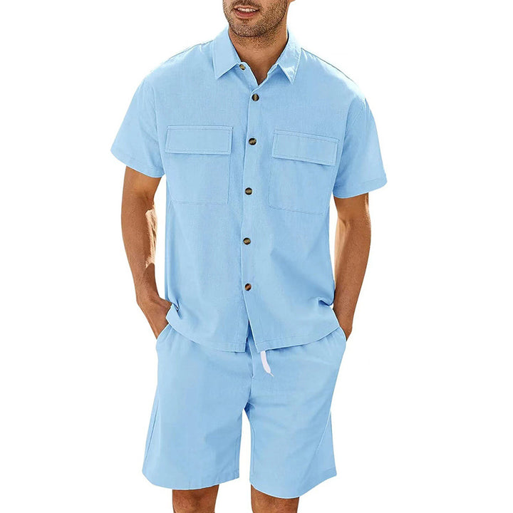 Trajes de verano para hombre, camisa de manga corta con bolsillos de solapa y pantalones cortos con cordón, moda deportiva, ropa de ocio para hombre